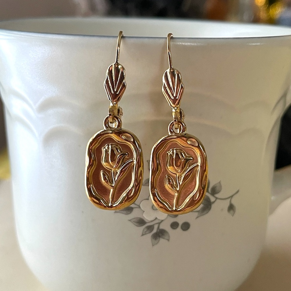 Gold-tone Rose Flower Hoop Earrings